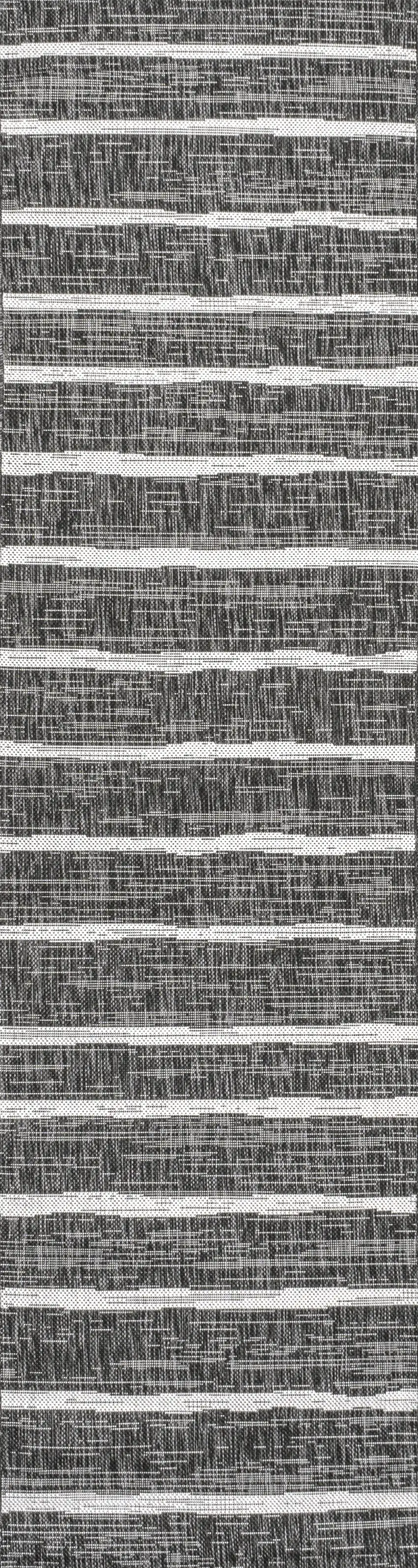 8' Black And Ivory Striped Indoor Outdoor Runner Rug Photo 2