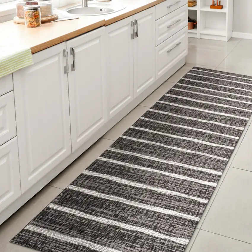 8' Black And Ivory Striped Indoor Outdoor Runner Rug Photo 7