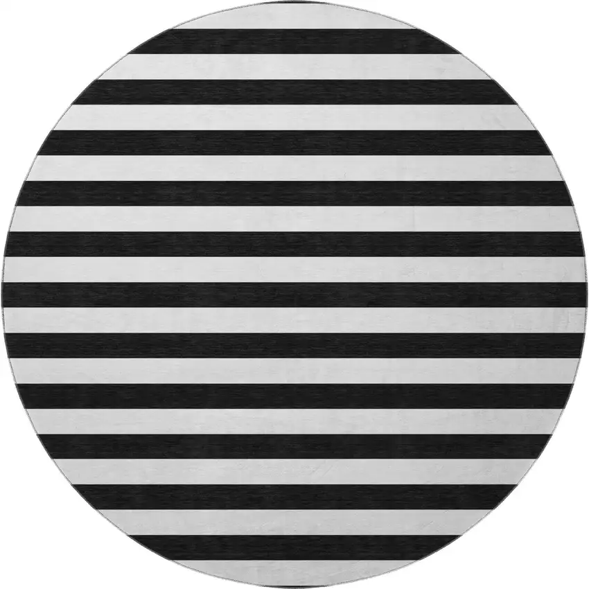 8' Black And Ivory Striped Washable Round Rug With UV Protection Photo 4