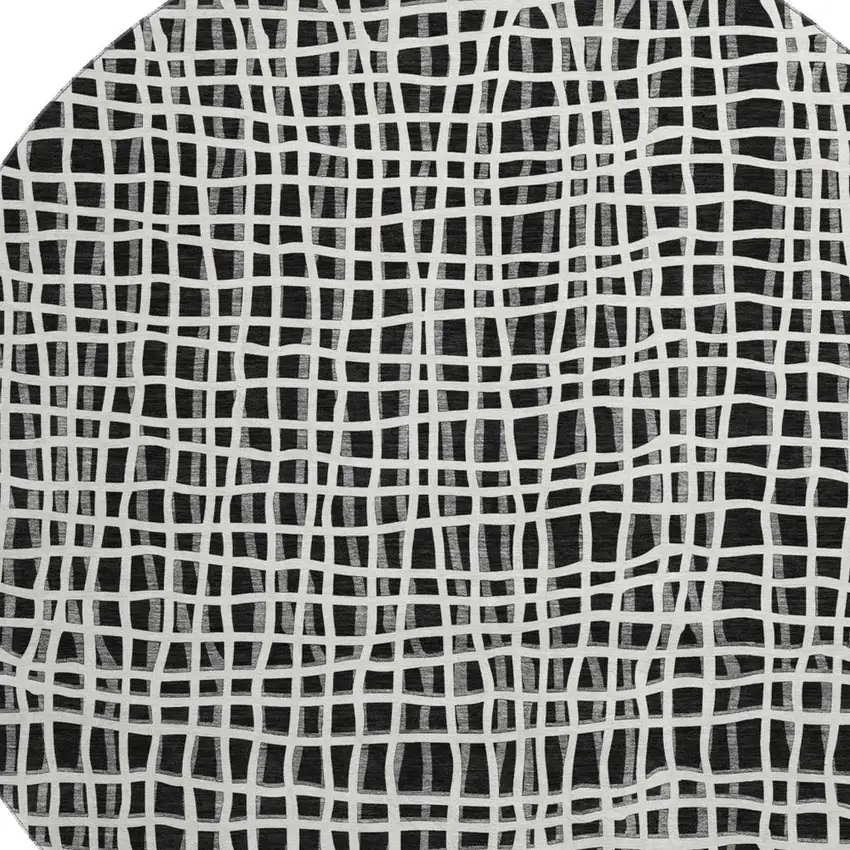 8' Black And Ivory Striped Washable Round Rug With UV Protection Photo 3