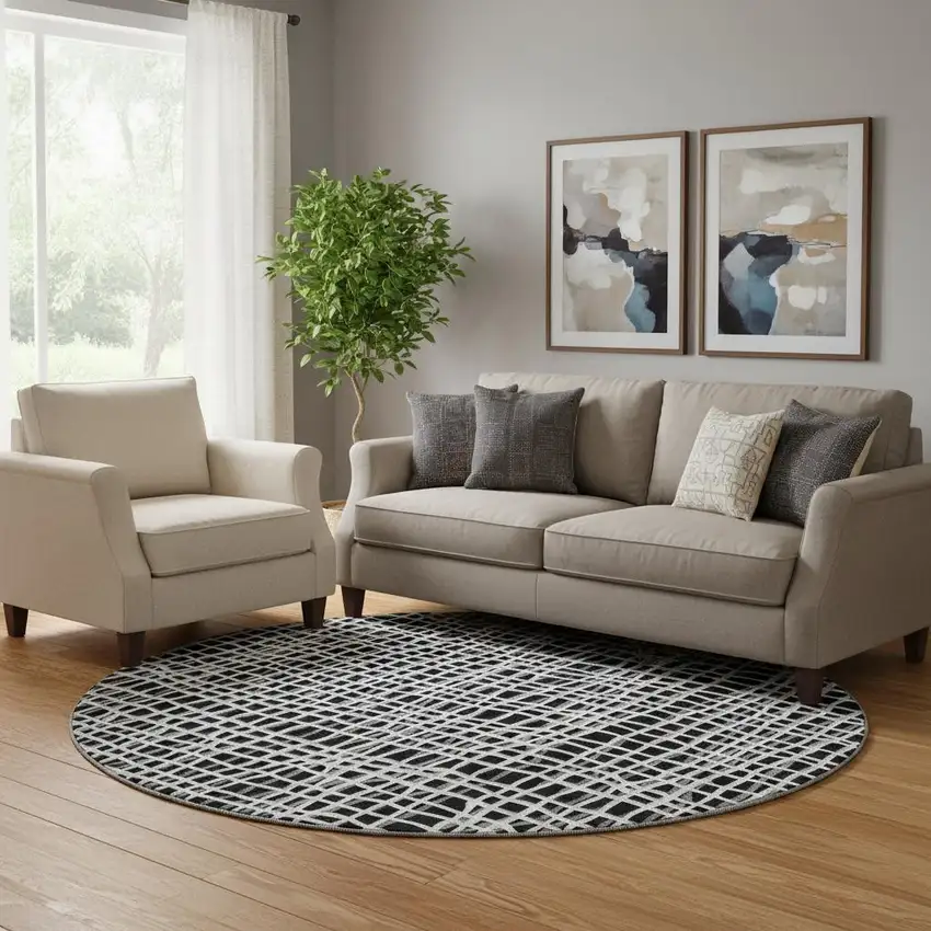 8' Black And Ivory Striped Washable Round Rug With UV Protection Photo 1