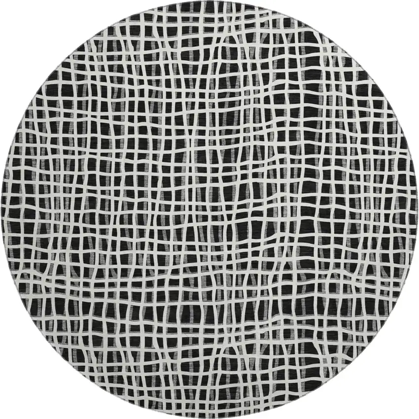 8' Black And Ivory Striped Washable Round Rug With UV Protection Photo 1