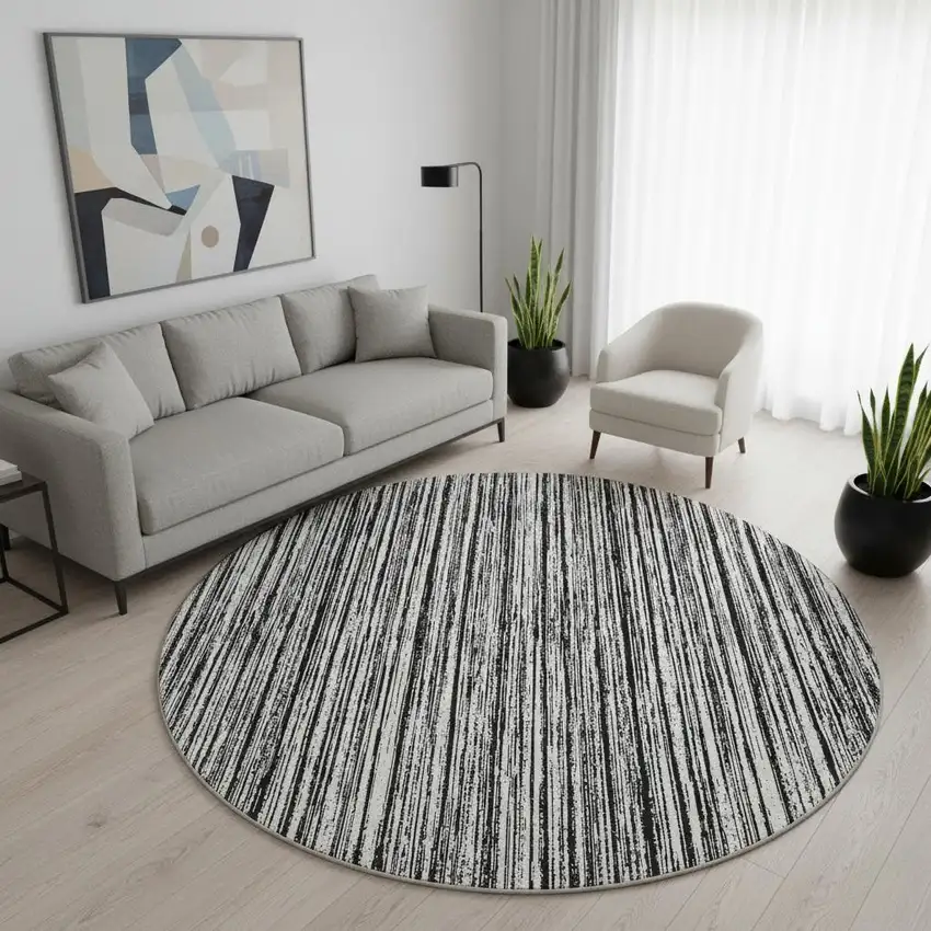 8' Black And Ivory Striped Washable Round Rug With UV Protection Photo 2