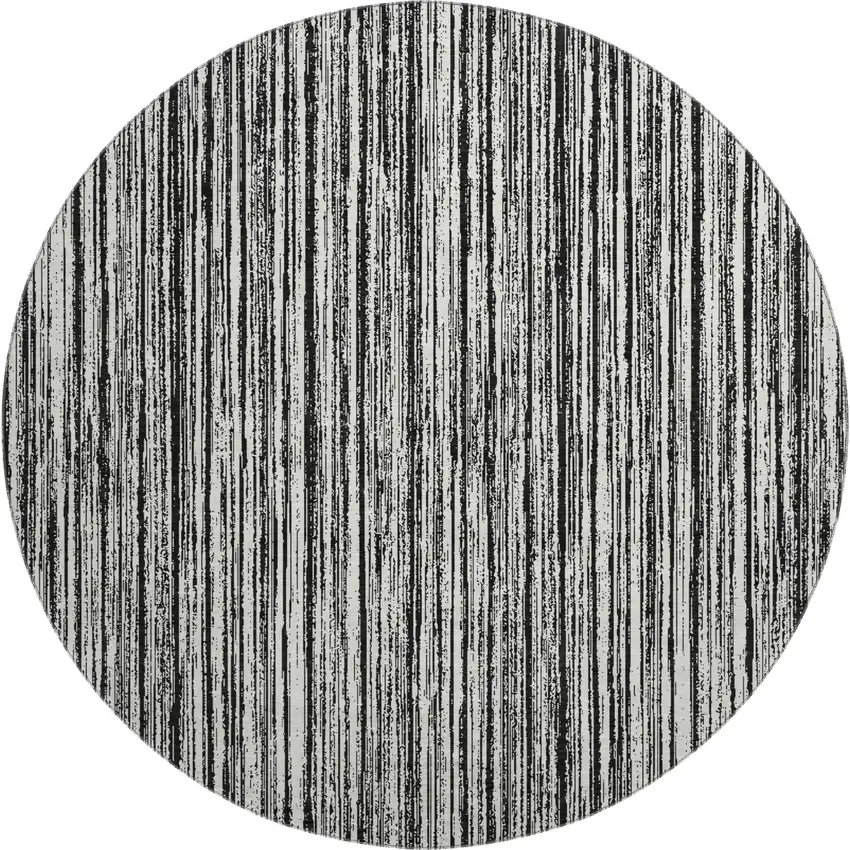 8' Black And Ivory Striped Washable Round Rug With UV Protection Photo 1