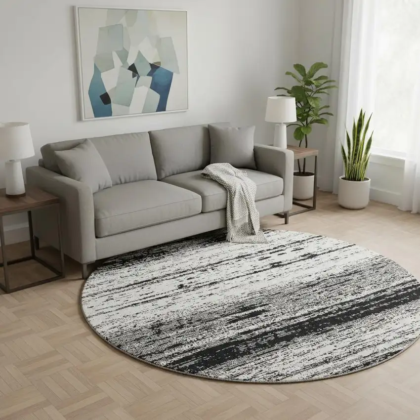 8' Black And Ivory Striped Washable Round Rug With UV Protection Photo 2