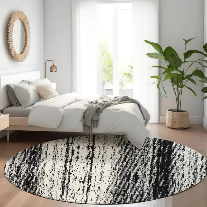 8' Black And Ivory Striped Washable Round Rug With UV Protection Photo 3