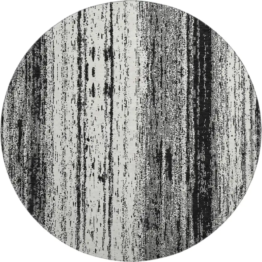 8' Black And Ivory Striped Washable Round Rug With UV Protection Photo 1