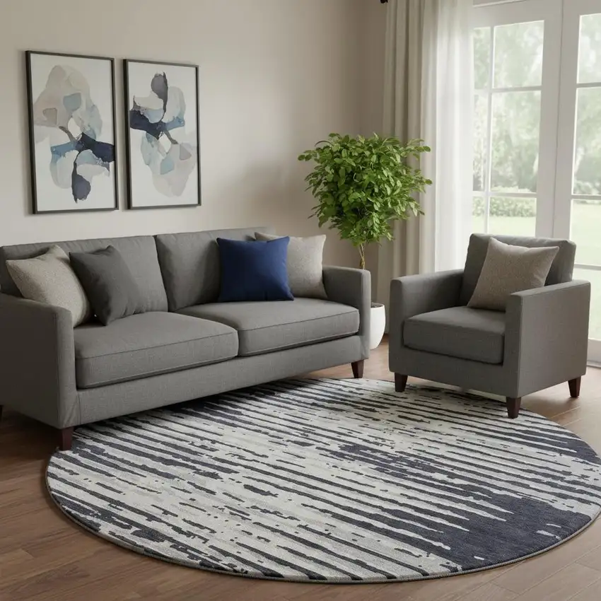 8' Black And Ivory Striped Washable Round Rug With UV Protection Photo 1