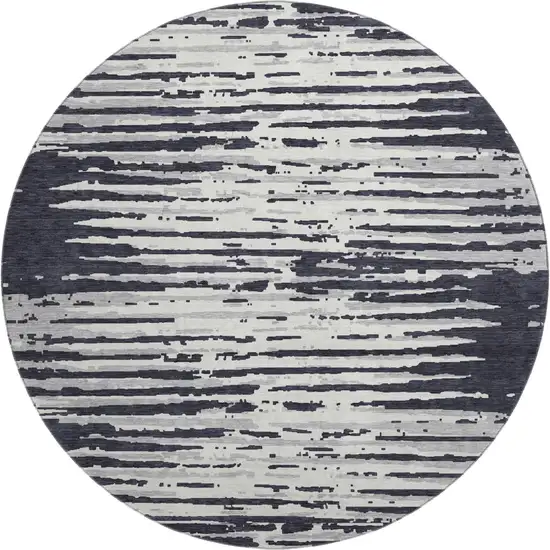 8' Black And Ivory Striped Washable Round Rug With UV Protection Photo 1
