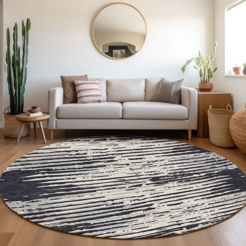 8' Black And Ivory Striped Washable Round Rug With UV Protection Photo 3