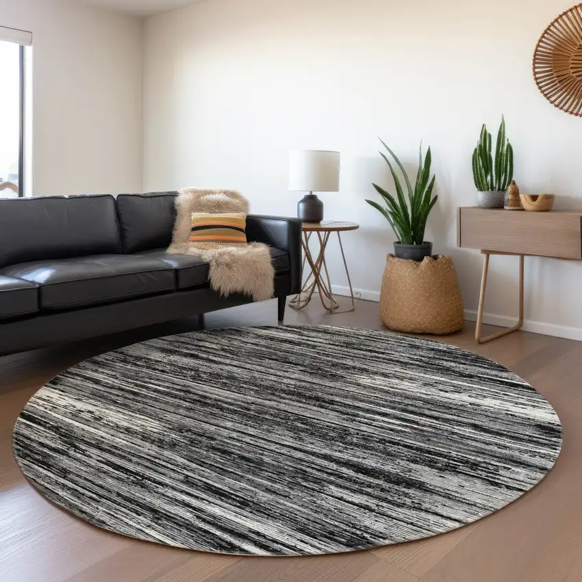 8' Black And Ivory Striped Washable Round Rug With UV Protection Photo 5