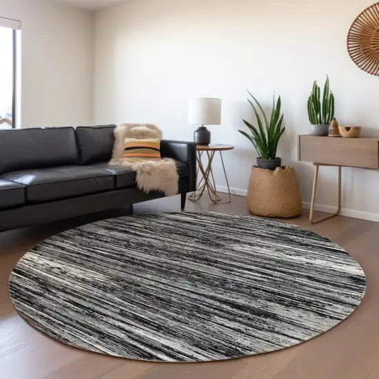 8' Black And Ivory Striped Washable Round Rug With UV Protection Photo 5