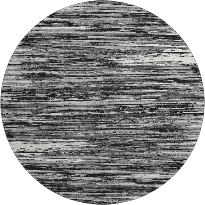 8' Black And Ivory Striped Washable Round Rug With UV Protection Photo 1