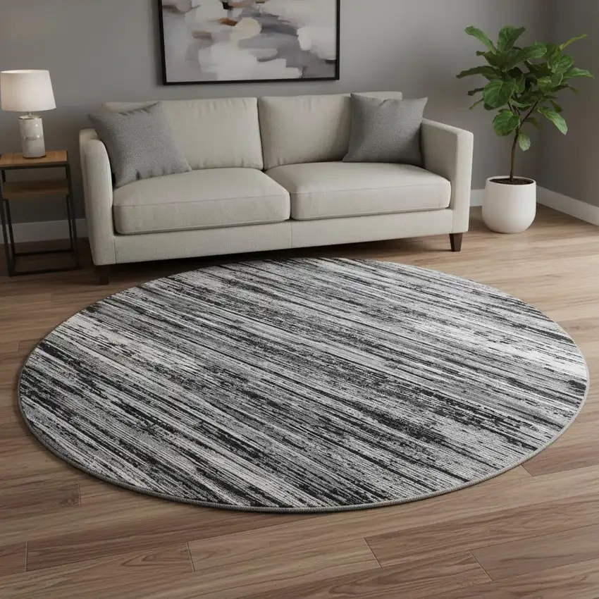 8' Black And Ivory Striped Washable Round Rug With UV Protection Photo 2