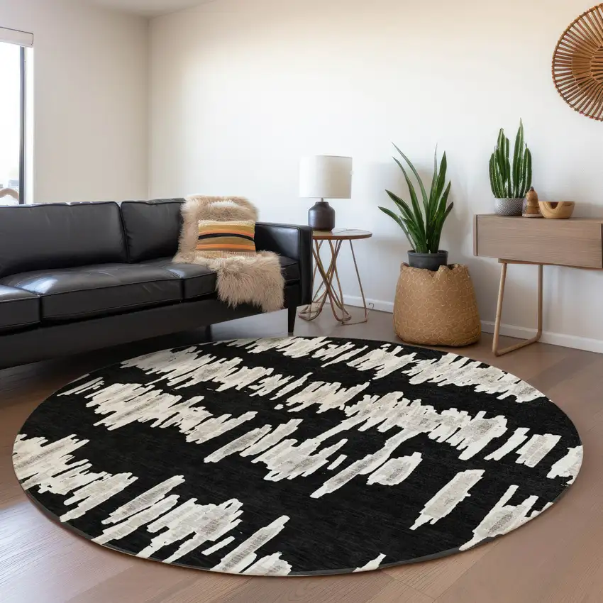 8' Black And Ivory Striped Washable Round Rug With UV Protection Photo 3
