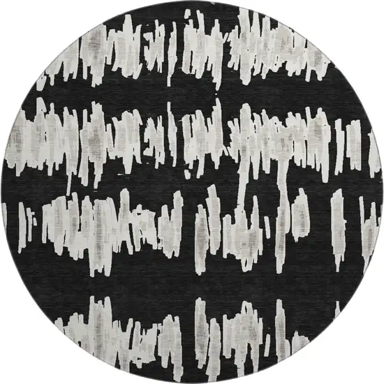 8' Black And Ivory Striped Washable Round Rug With UV Protection Photo 1