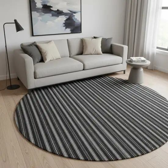 8' Black And Ivory Striped Washable Round Rug With UV Protection Photo 2