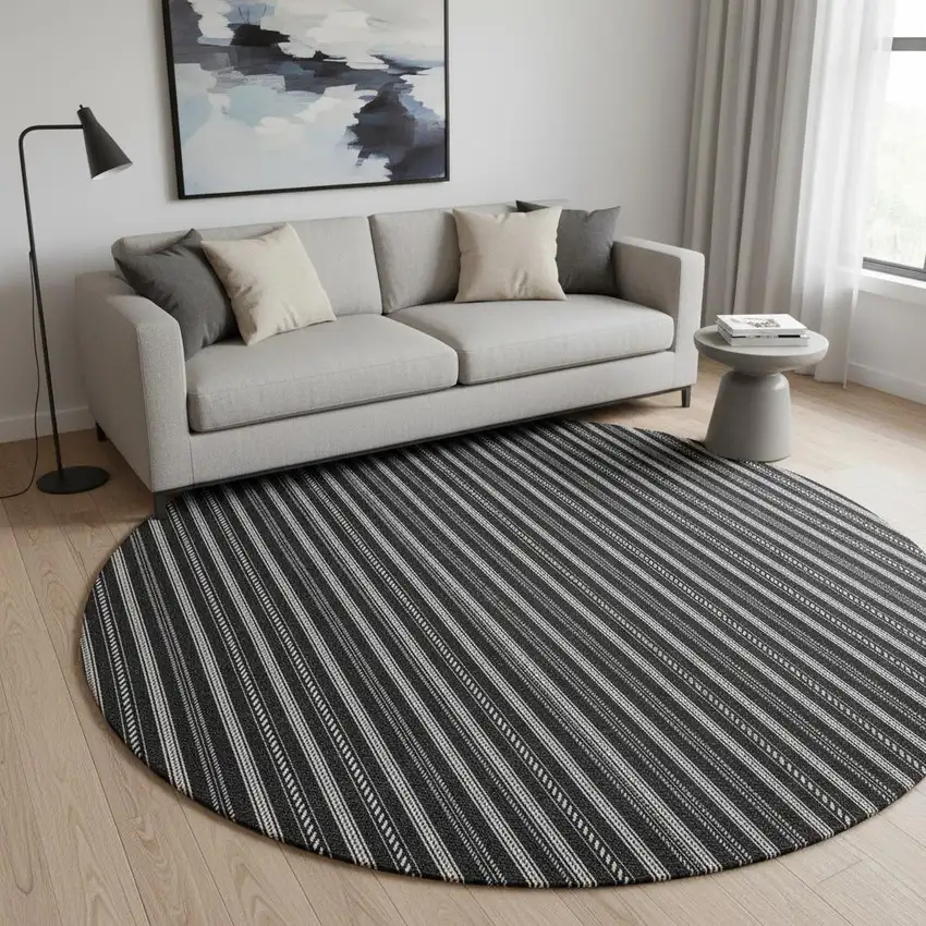 8' Black And Ivory Striped Washable Round Rug With UV Protection Photo 2
