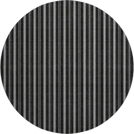 8' Black And Ivory Striped Washable Round Rug With UV Protection Photo 1