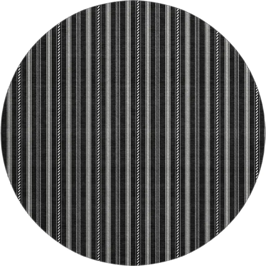 8' Black And Ivory Striped Washable Round Rug With UV Protection Photo 1