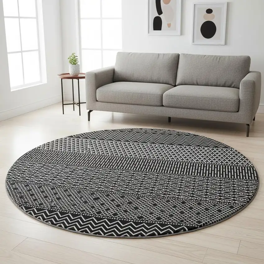 8' Black And Ivory Striped Washable Round Rug With UV Protection Photo 2