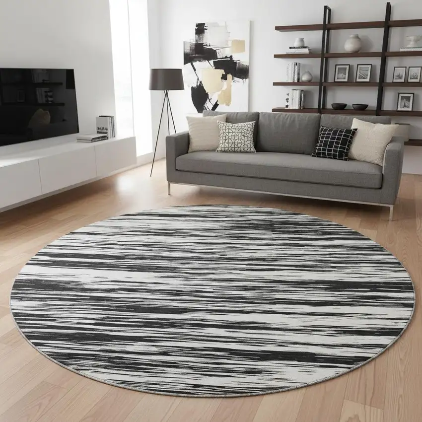 8' Black And Ivory Striped Washable Round Rug With UV Protection Photo 2