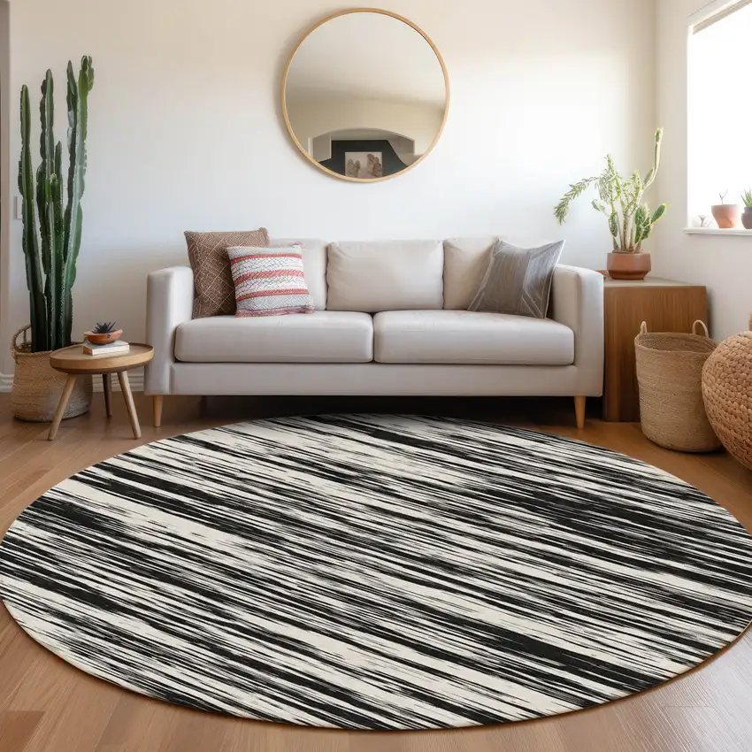 8' Black And Ivory Striped Washable Round Rug With UV Protection Photo 3