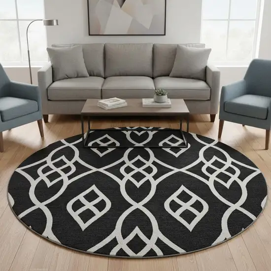 8' Black And Ivory Trellis Washable Round Rug With UV Protection Photo 2