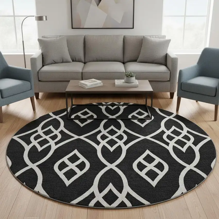 8' Black And Ivory Trellis Washable Round Rug With UV Protection Photo 2