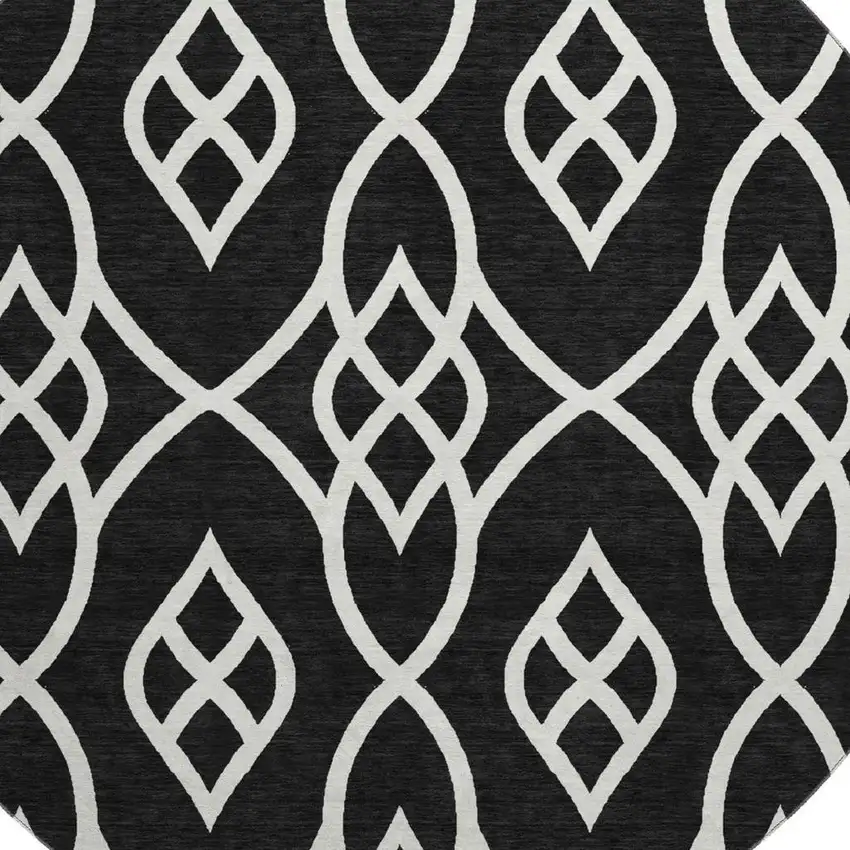 8' Black And Ivory Trellis Washable Round Rug With UV Protection Photo 3