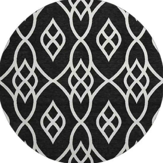 8' Black And Ivory Trellis Washable Round Rug With UV Protection Photo 4