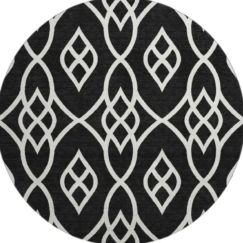 8' Black And Ivory Trellis Washable Round Rug With UV Protection Photo 4