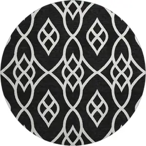 Photo of 8' Black And Ivory Trellis Washable Round Rug With UV Protection