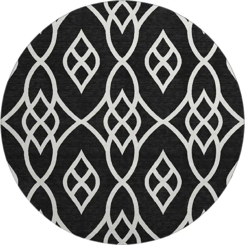 8' Black And Ivory Trellis Washable Round Rug With UV Protection Photo 1