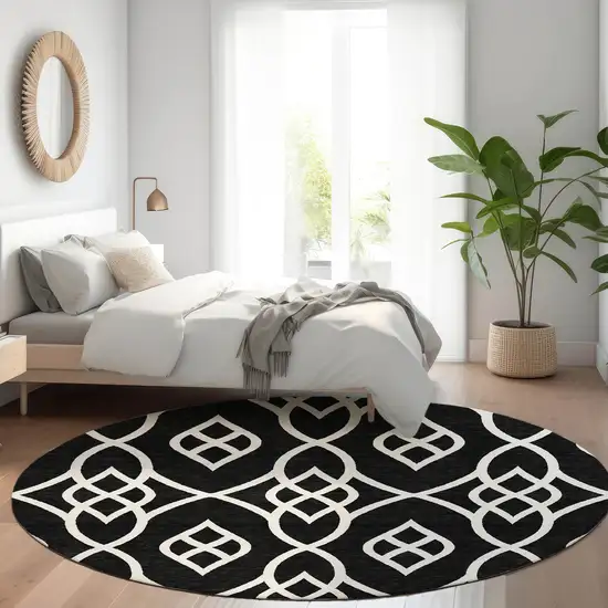 8' Black And Ivory Trellis Washable Round Rug With UV Protection Photo 5