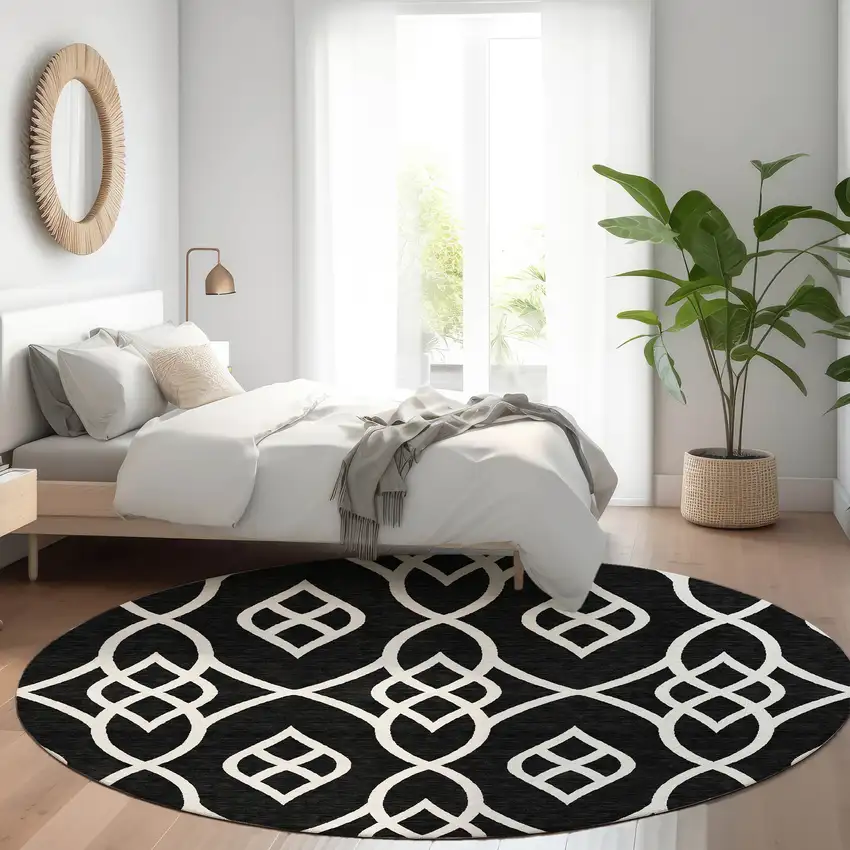 8' Black And Ivory Trellis Washable Round Rug With UV Protection Photo 5