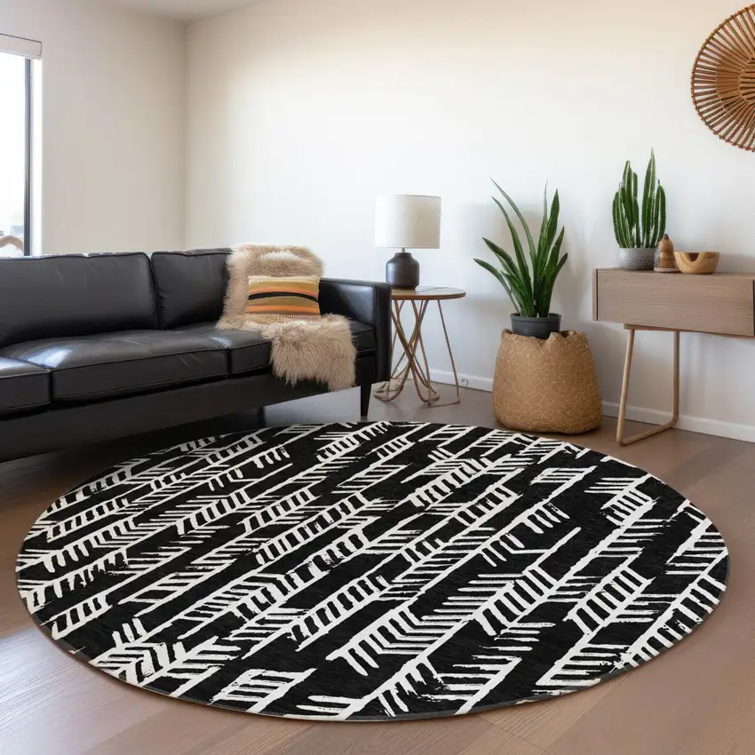 8' Black And Ivory Tribal Washable Round Rug With UV Protection Photo 5