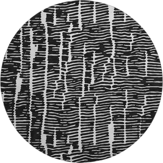 8' Black And Ivory Vermicular Washable Round Rug With UV Protection Photo 1