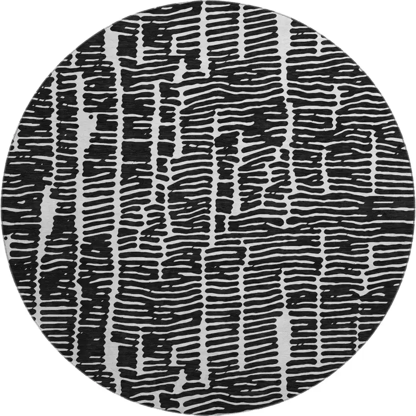 8' Black And Ivory Vermicular Washable Round Rug With UV Protection Photo 1