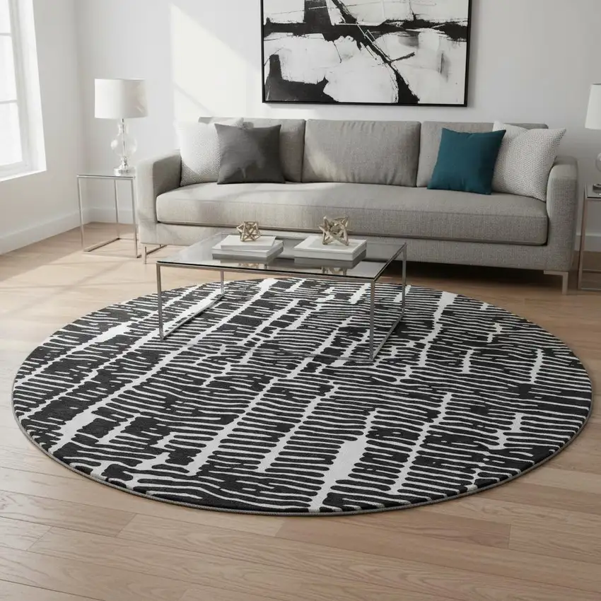 8' Black And Ivory Vermicular Washable Round Rug With UV Protection Photo 2