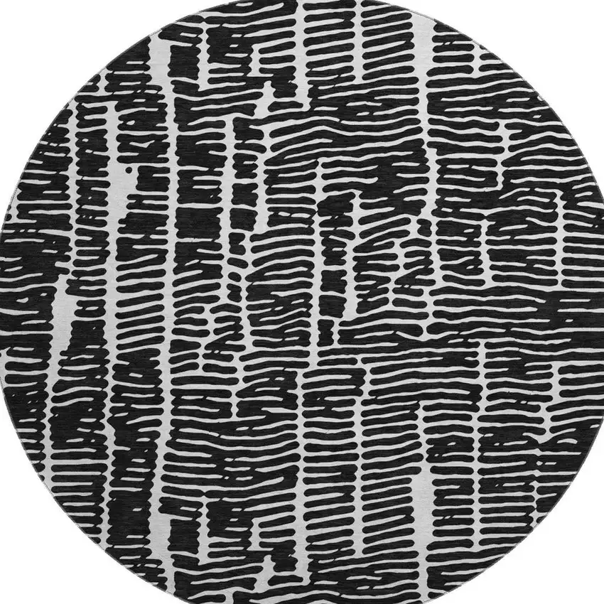 8' Black And Ivory Vermicular Washable Round Rug With UV Protection Photo 4