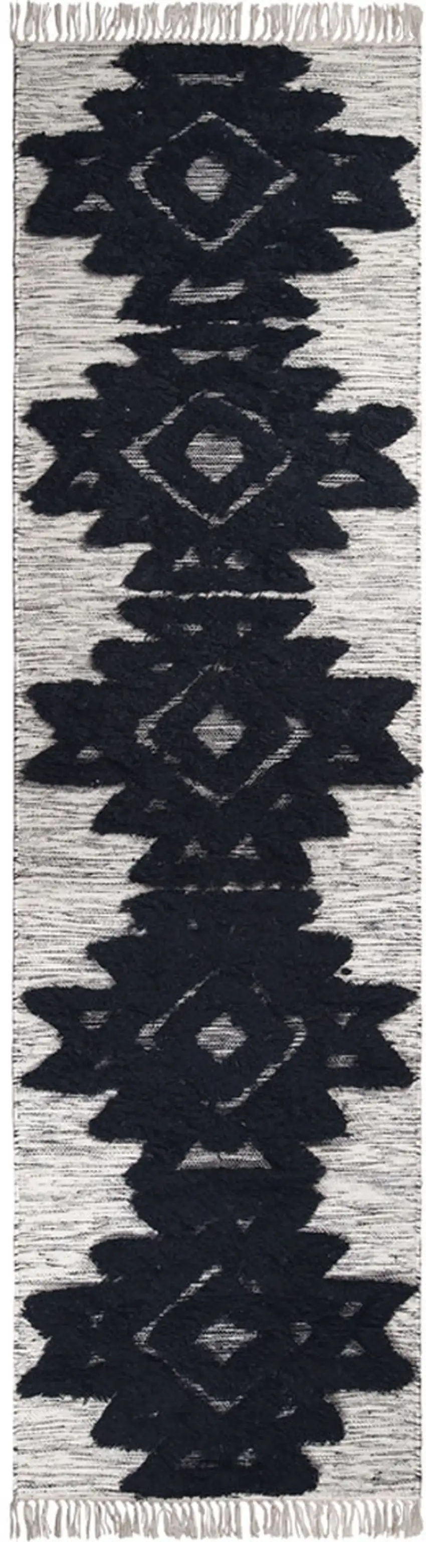 10' Black And Ivory Wool Geometric Flatweave Handmade Stain Resistant Runner Rug With Fringe Photo 1