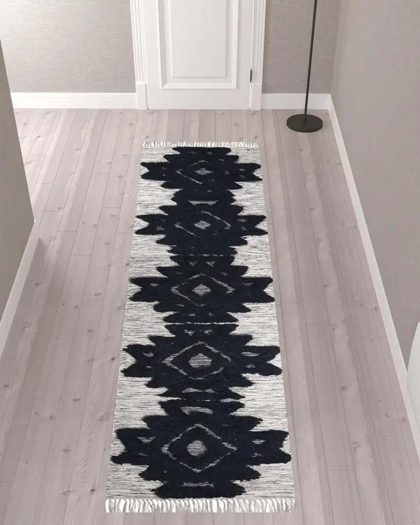 10' Black And Ivory Wool Geometric Flatweave Handmade Stain Resistant Runner Rug With Fringe Photo 2