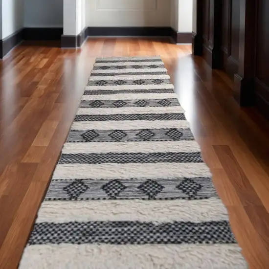 10' Black And Ivory Wool Striped Shag Flatweave Handmade Runner Rug With Fringe Photo 1