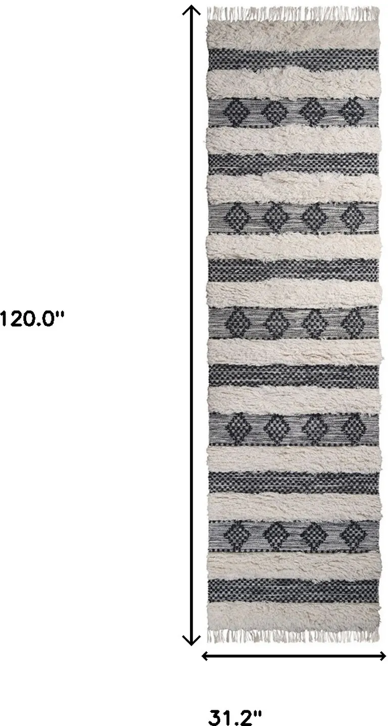 10' Black And Ivory Wool Striped Flatweave Handmade Stain Resistant Runner Rug With Fringe Photo 5