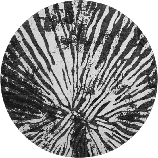 8' Black And Ivory Zebra Print Washable Round Rug With UV Protection Photo 1