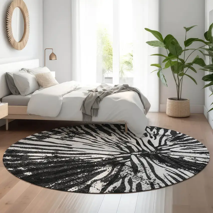 8' Black And Ivory Zebra Print Washable Round Rug With UV Protection Photo 5