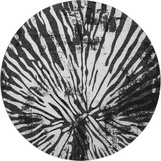 8' Black And Ivory Zebra Print Washable Round Rug With UV Protection Photo 4