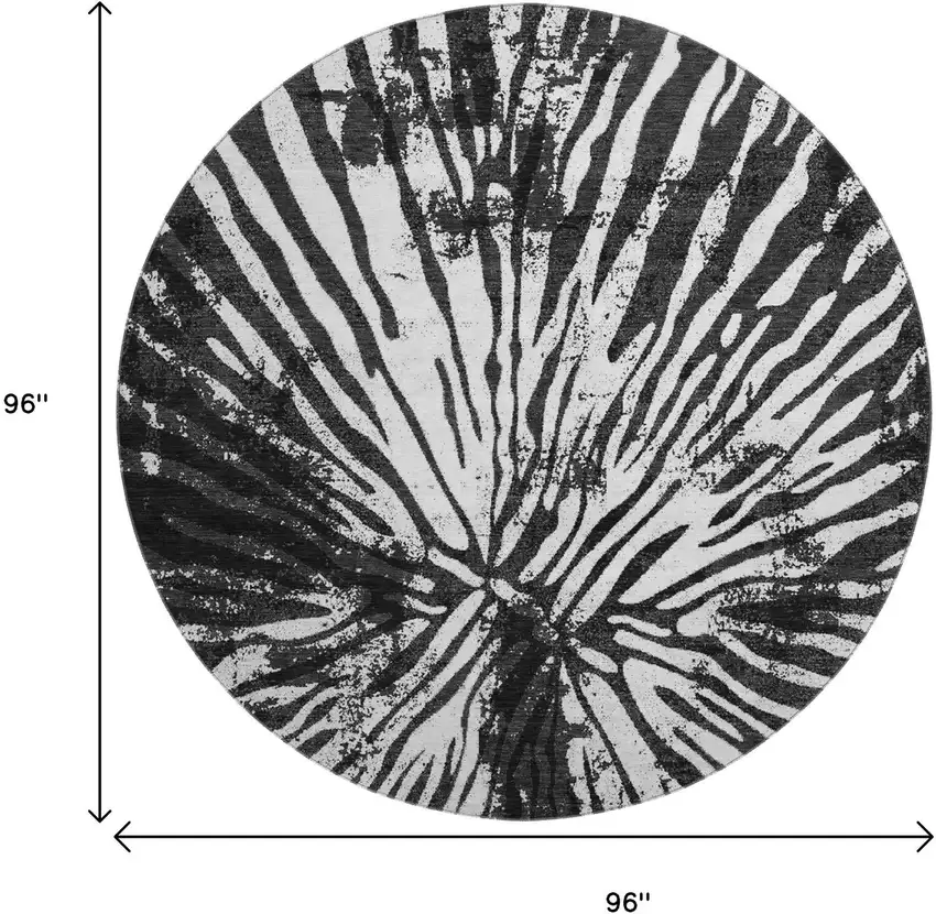 8' Black And Ivory Zebra Print Washable Round Rug With UV Protection Photo 3