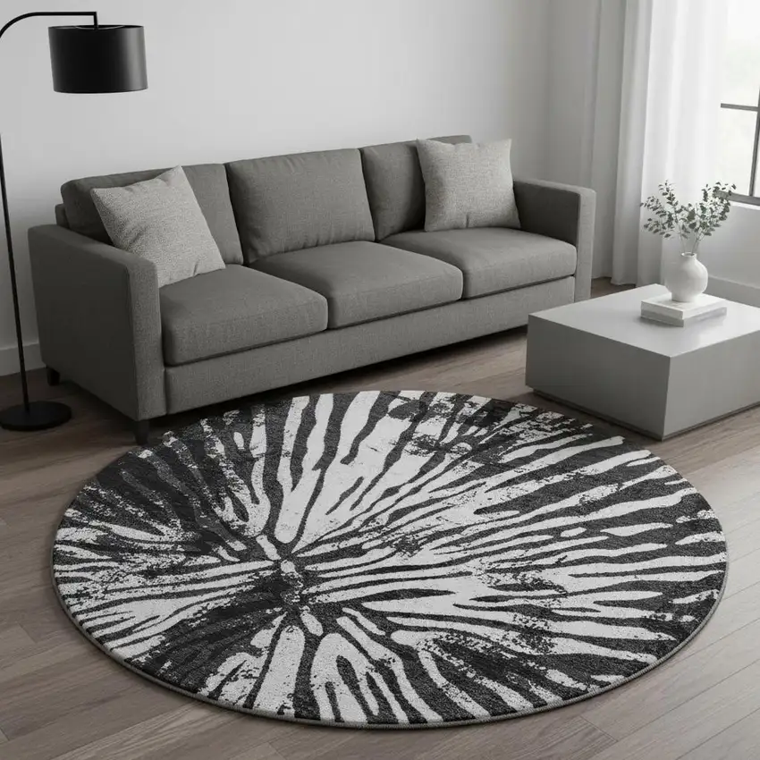 8' Black And Ivory Zebra Print Washable Round Rug With UV Protection Photo 2